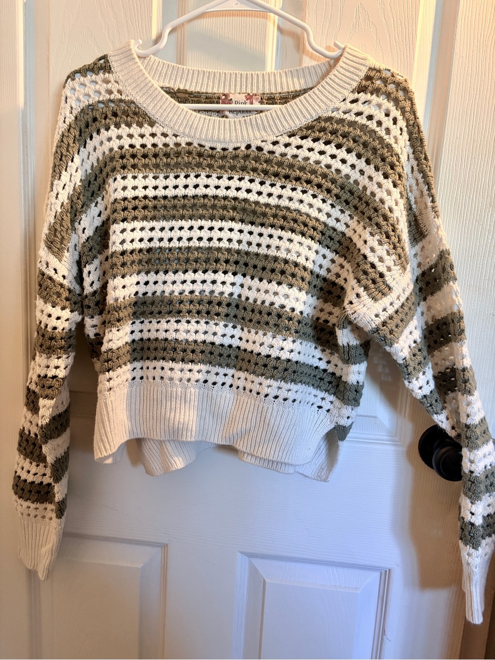 Pink Republic Cream & Olive Striped Open-Knit Crewneck Sweater